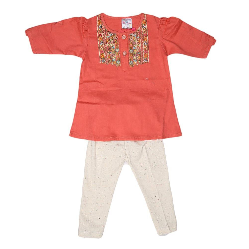 Newborn Girls Embroidered Frock Suit - Peach - test-store-for-chase-value