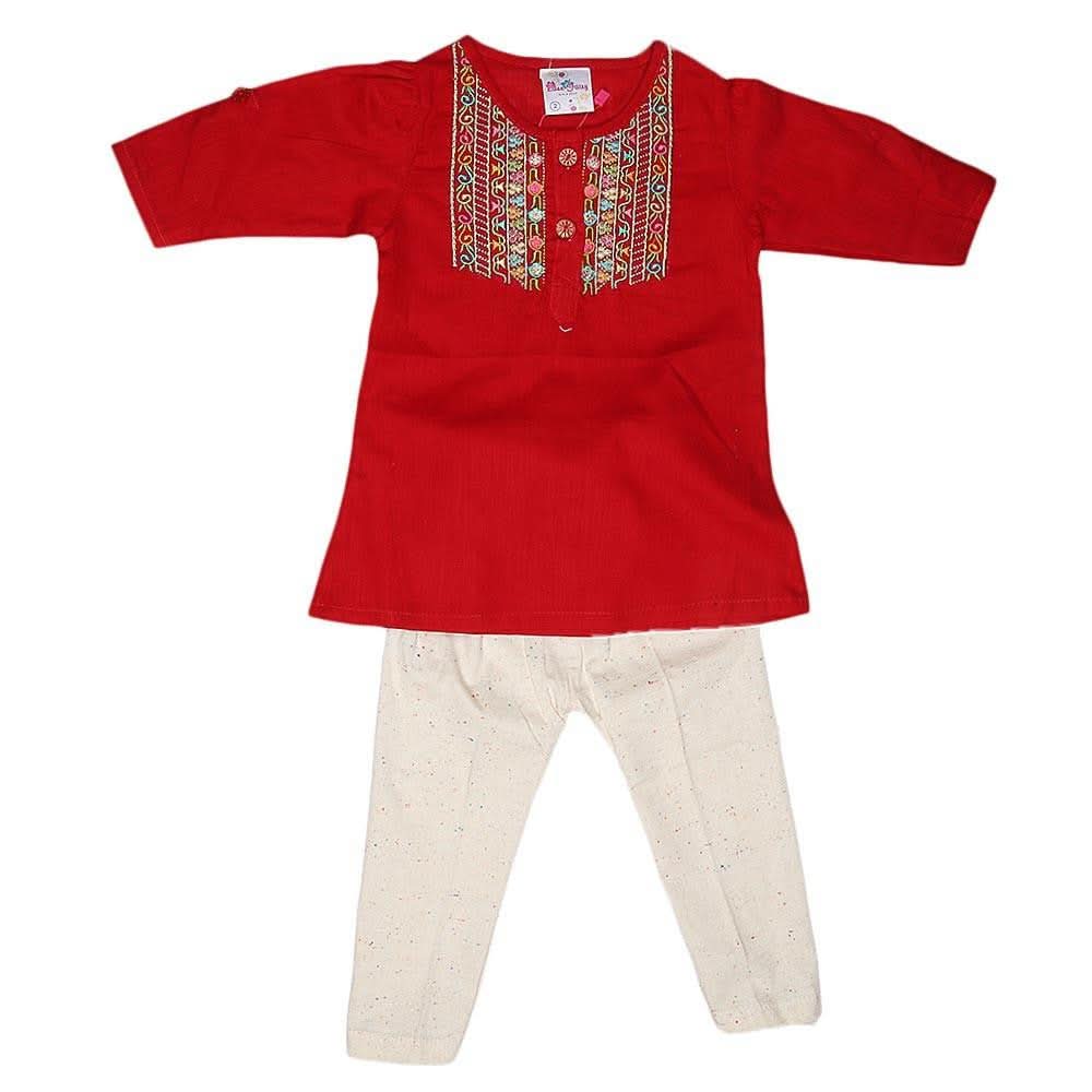 Newborn Girls Embroidered Frock Suit - Red - test-store-for-chase-value