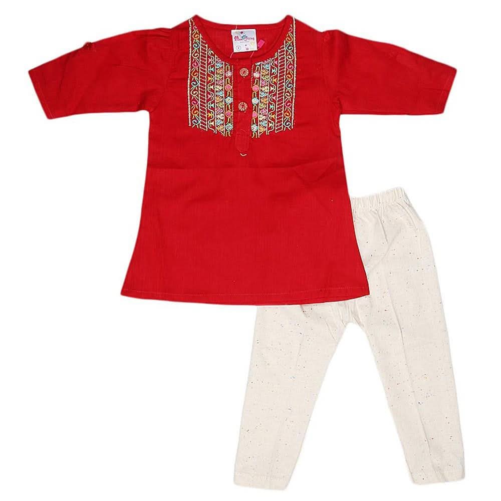 Newborn Girls Embroidered Frock Suit - Red - test-store-for-chase-value