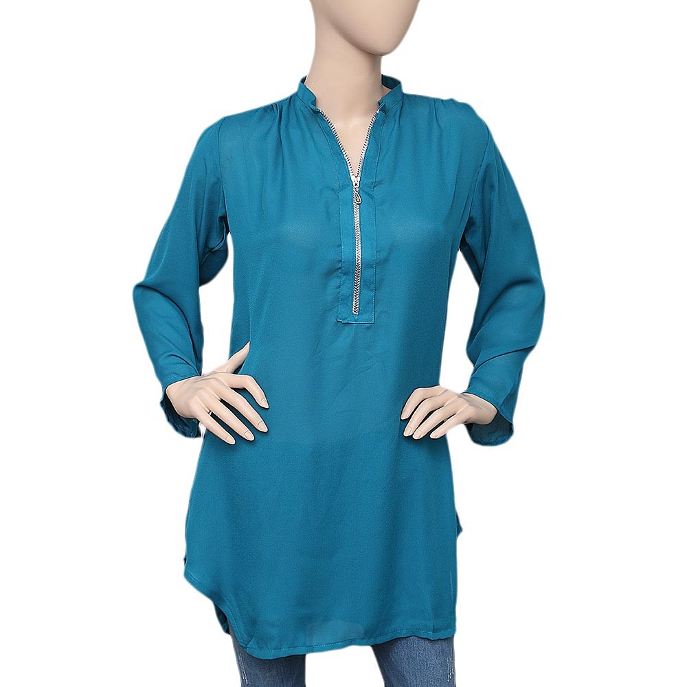 Women's Chiffon Zipper Top - Steel Blue - test-store-for-chase-value