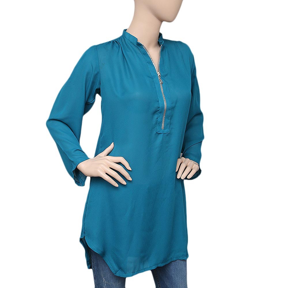 Women's Chiffon Zipper Top - Steel Blue - test-store-for-chase-value