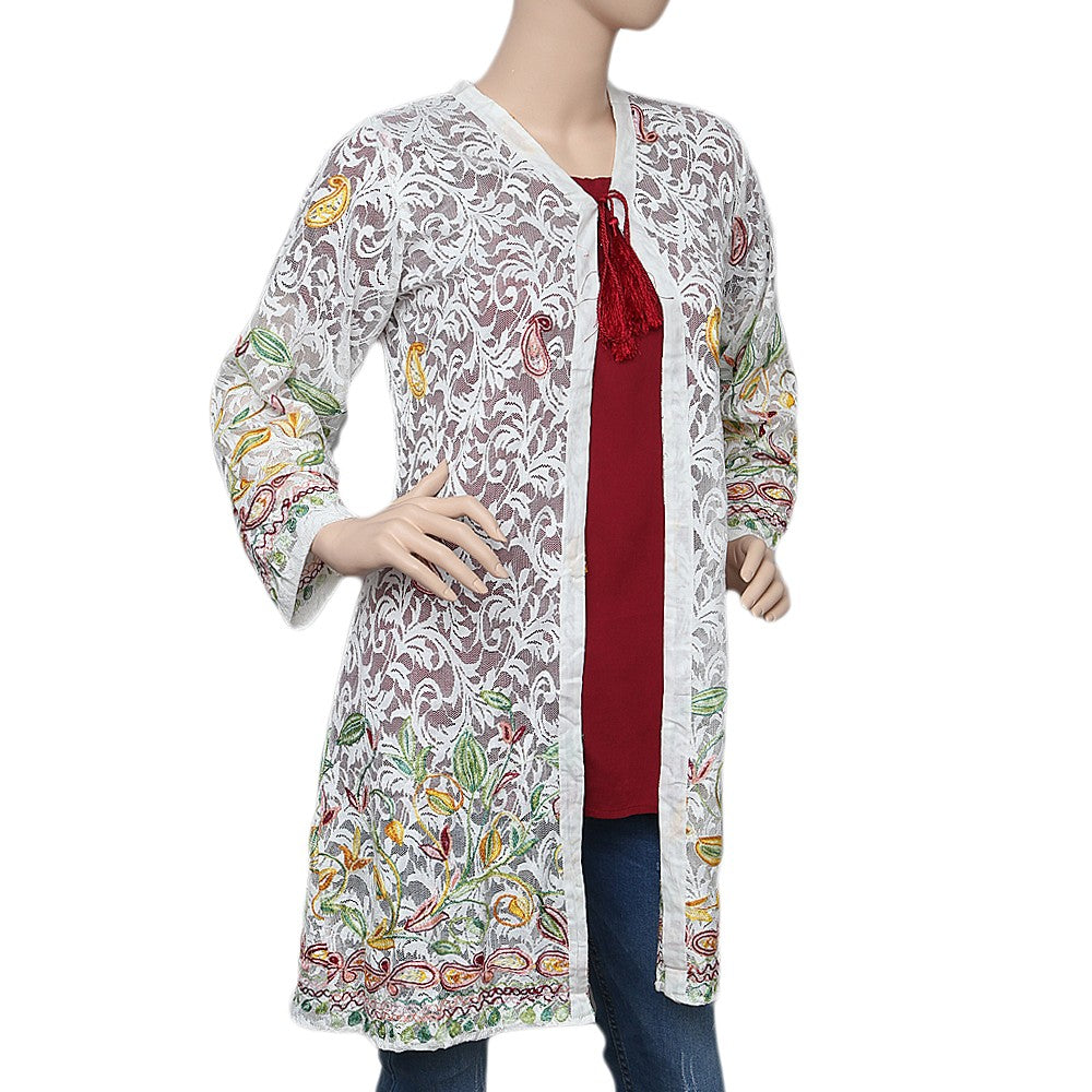 Women's Net Embroidered 2 Piece Top - White & Maroon - test-store-for-chase-value