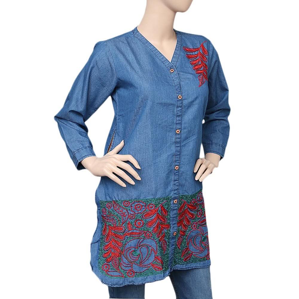 Women's Embroidered Denim Kurti - Light Blue - test-store-for-chase-value