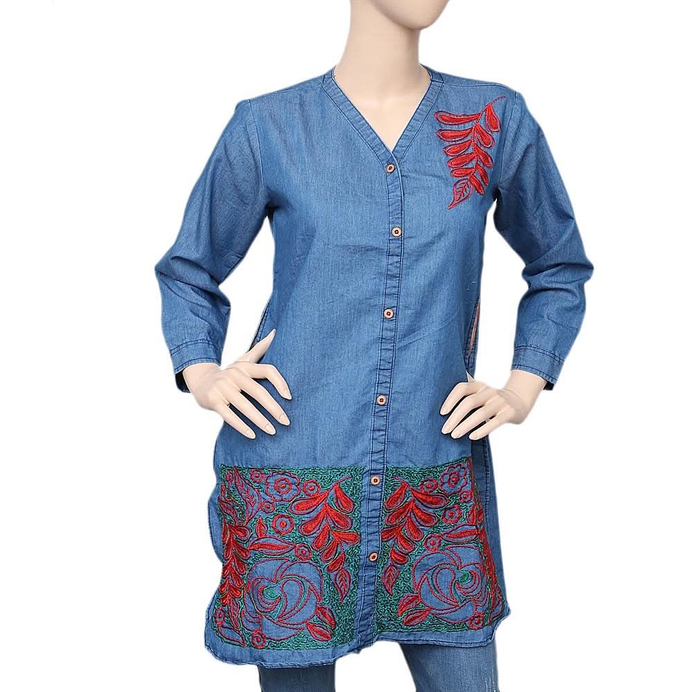 Women's Embroidered Denim Kurti - Light Blue - test-store-for-chase-value