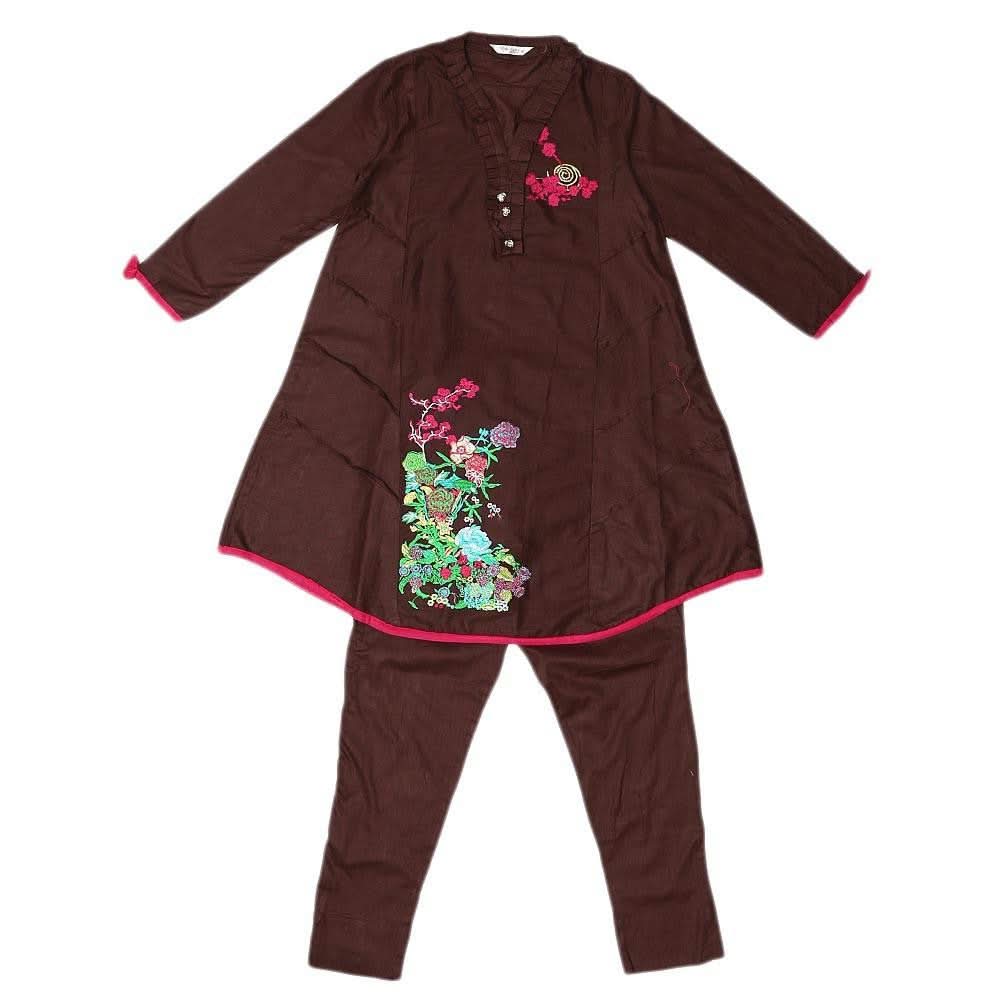 Girls Embroidered 2 Piece Suit - Brown - test-store-for-chase-value