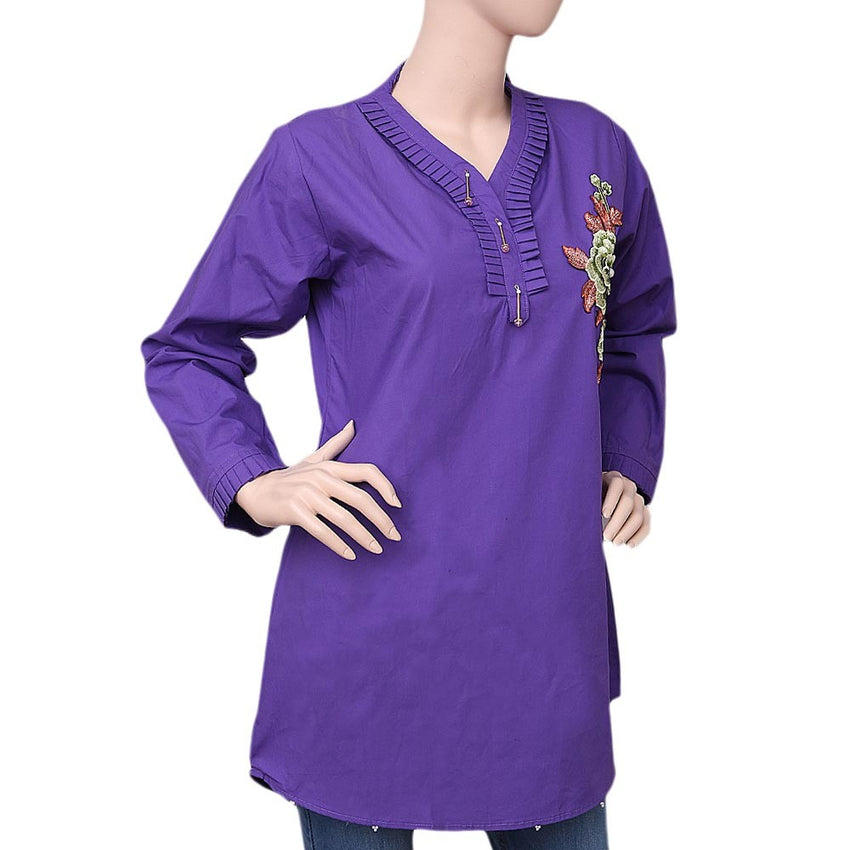 Women's Embroidered Short Kurti - Purple - test-store-for-chase-value