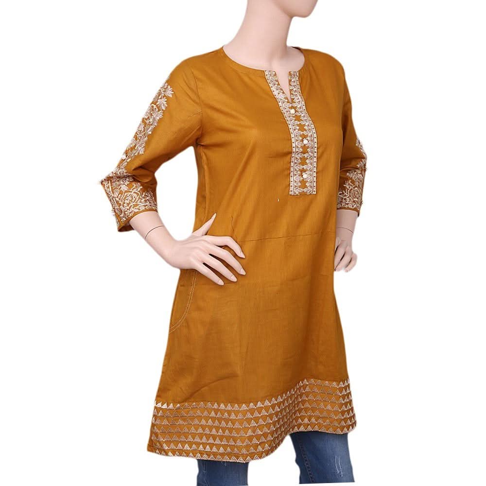 Women's Embroidered Cotton Kurti - Mustard - test-store-for-chase-value