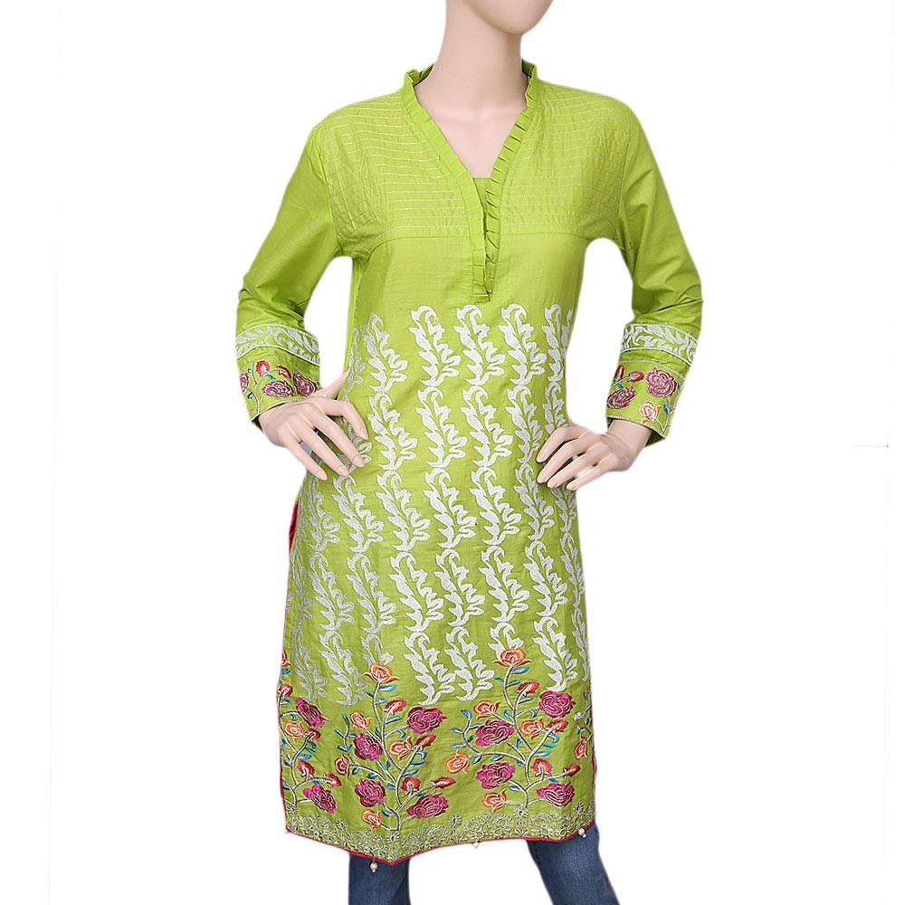 Women's Embroidered Cotton Kurti - Light Green - test-store-for-chase-value