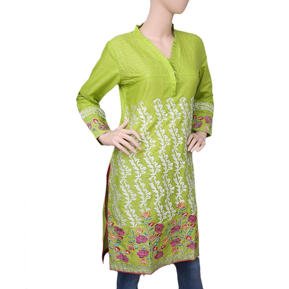 Women's Embroidered Cotton Kurti - Light Green - test-store-for-chase-value
