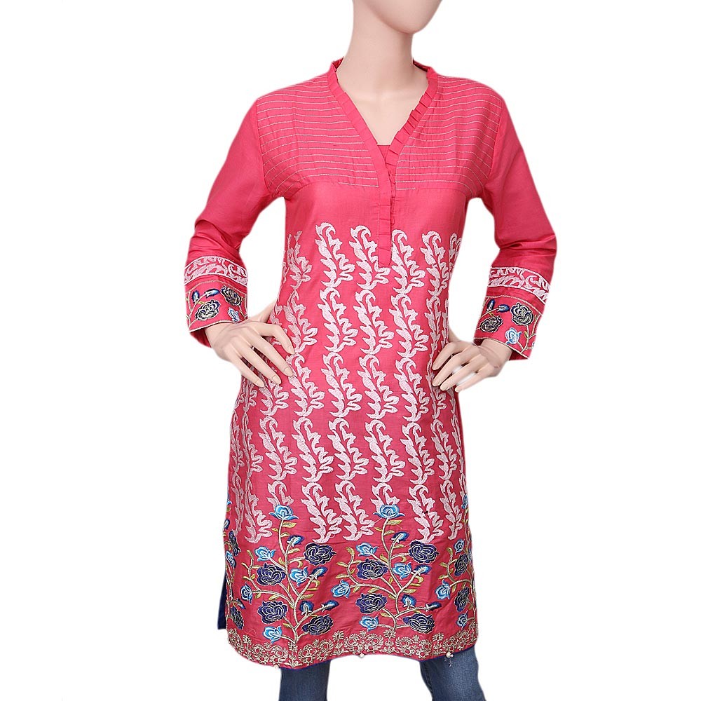 Women's Embroidered Cotton Kurti - Pink - test-store-for-chase-value