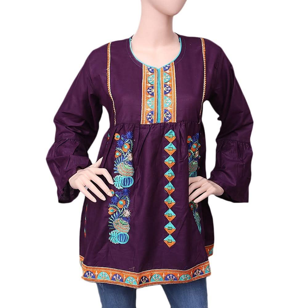 Women's Embroidered Short Kurti - Purple - test-store-for-chase-value