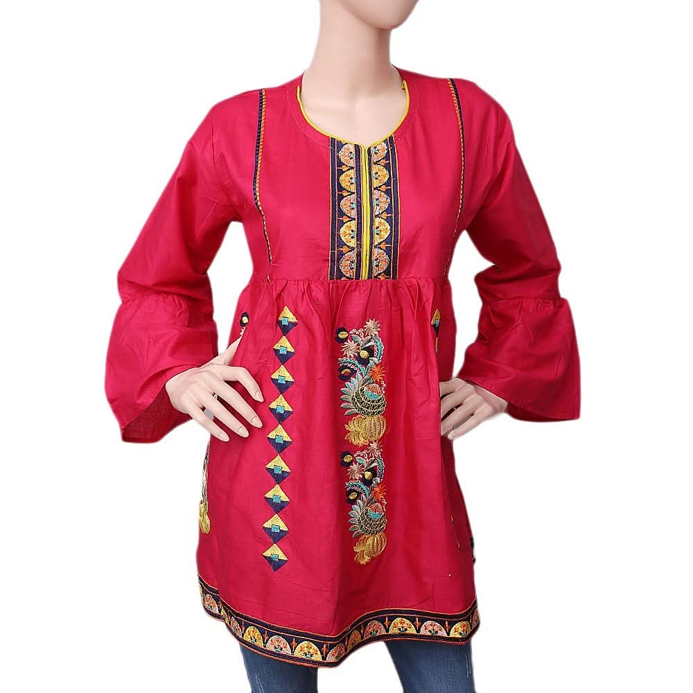 Women's Embroidered Short Kurti - Dark Pink - test-store-for-chase-value