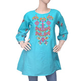 Women's Embroidered Short Kurti - Cyan - test-store-for-chase-value