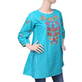 Women's Embroidered Short Kurti - Cyan - test-store-for-chase-value
