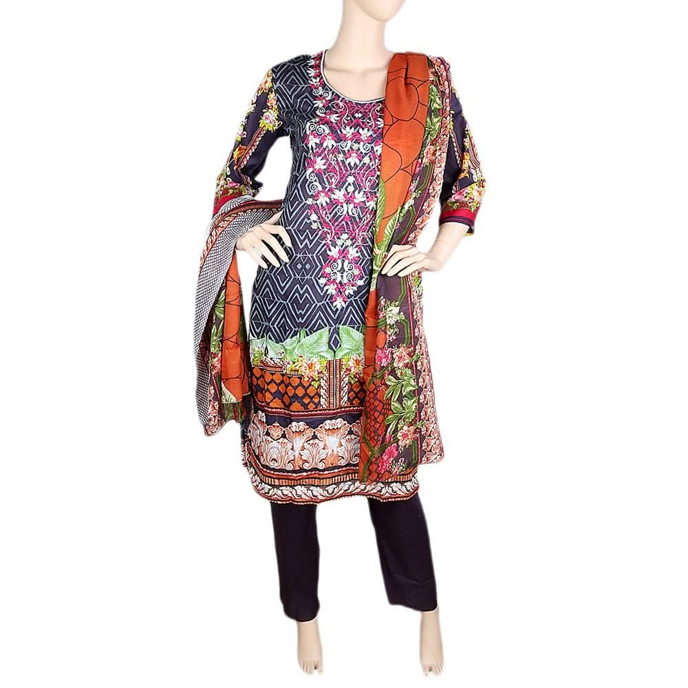 Women's Embroidered 3 Piece Stitched Suit - Grey - test-store-for-chase-value