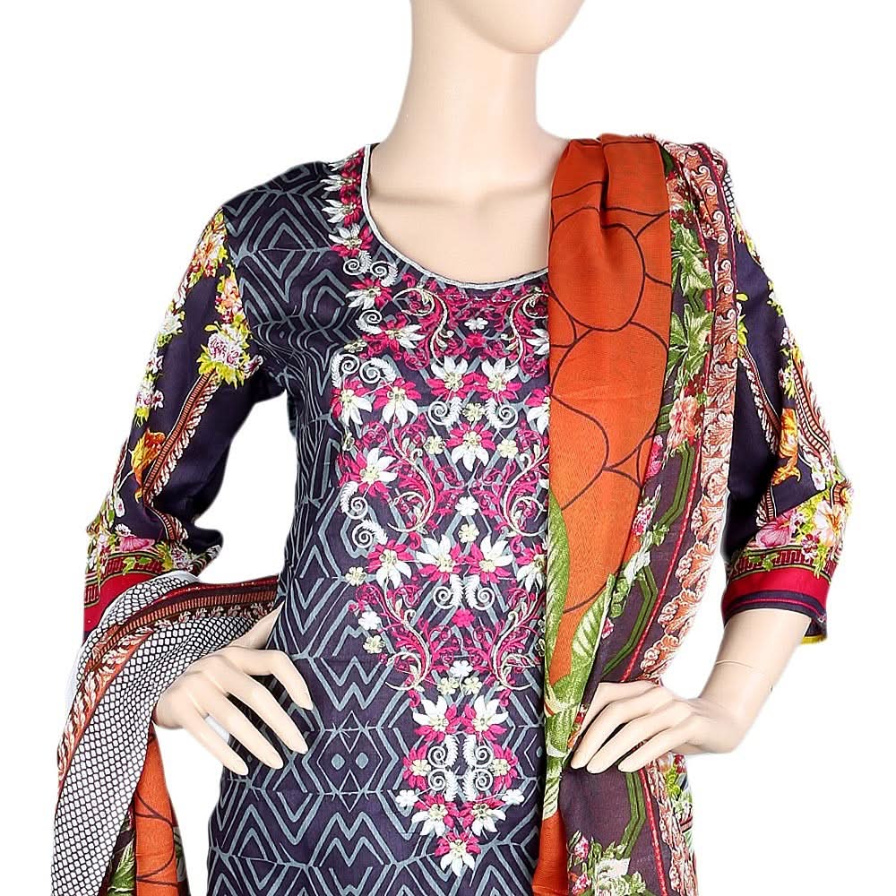 Women's Embroidered 3 Piece Stitched Suit - Grey - test-store-for-chase-value