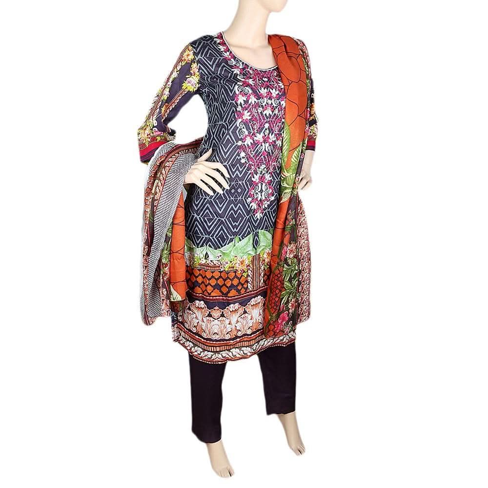 Women's Embroidered 3 Piece Stitched Suit - Grey - test-store-for-chase-value