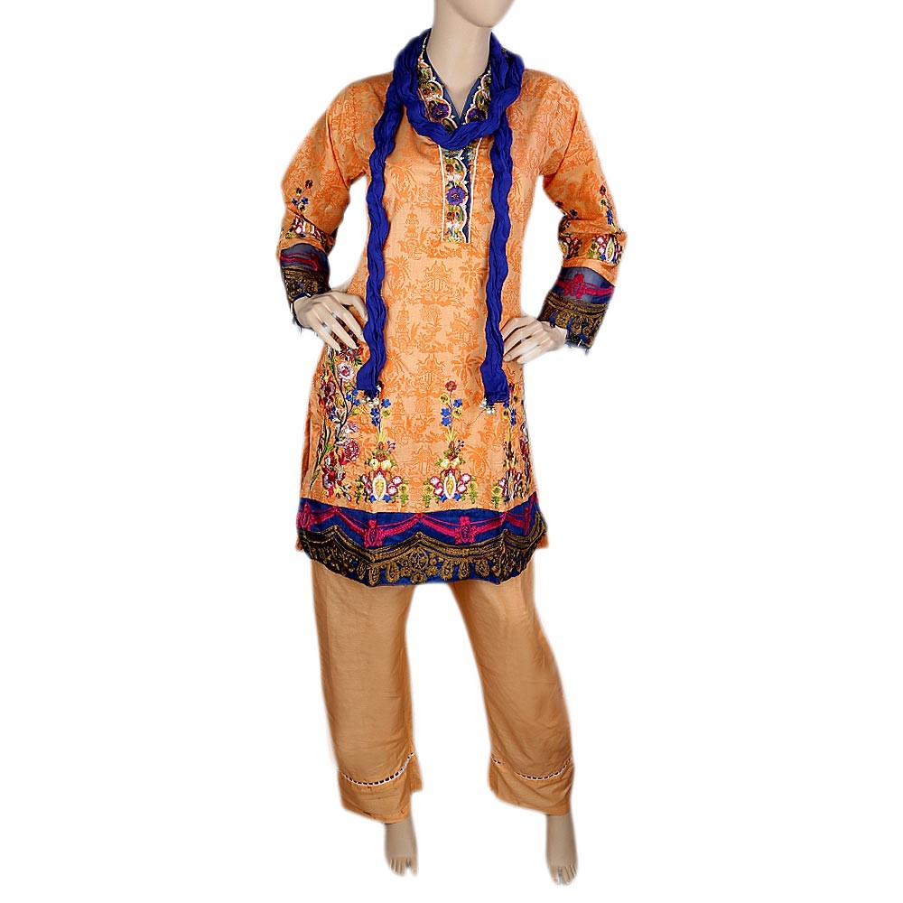 Women's Fancy Embroidered 3 Piece Stitched Suit - Orange - test-store-for-chase-value