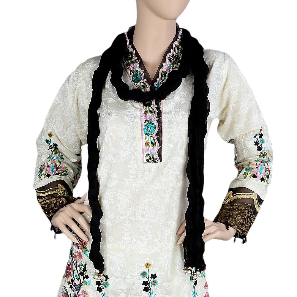 Women's Fancy Embroidered 3 Piece Stitched Suit - Cream - test-store-for-chase-value