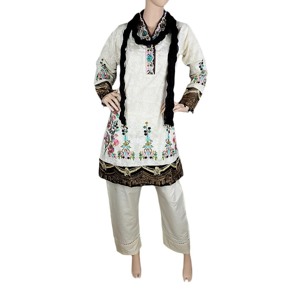Women's Fancy Embroidered 3 Piece Stitched Suit - Cream - test-store-for-chase-value