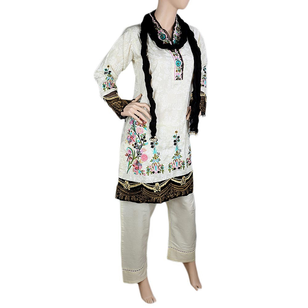 Women's Fancy Embroidered 3 Piece Stitched Suit - Cream - test-store-for-chase-value