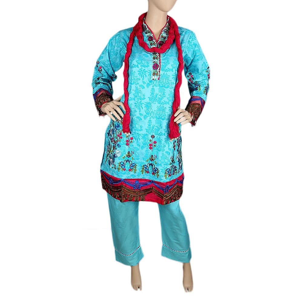Women's Fancy Embroidered 3 Piece Stitched Suit - Blue - test-store-for-chase-value