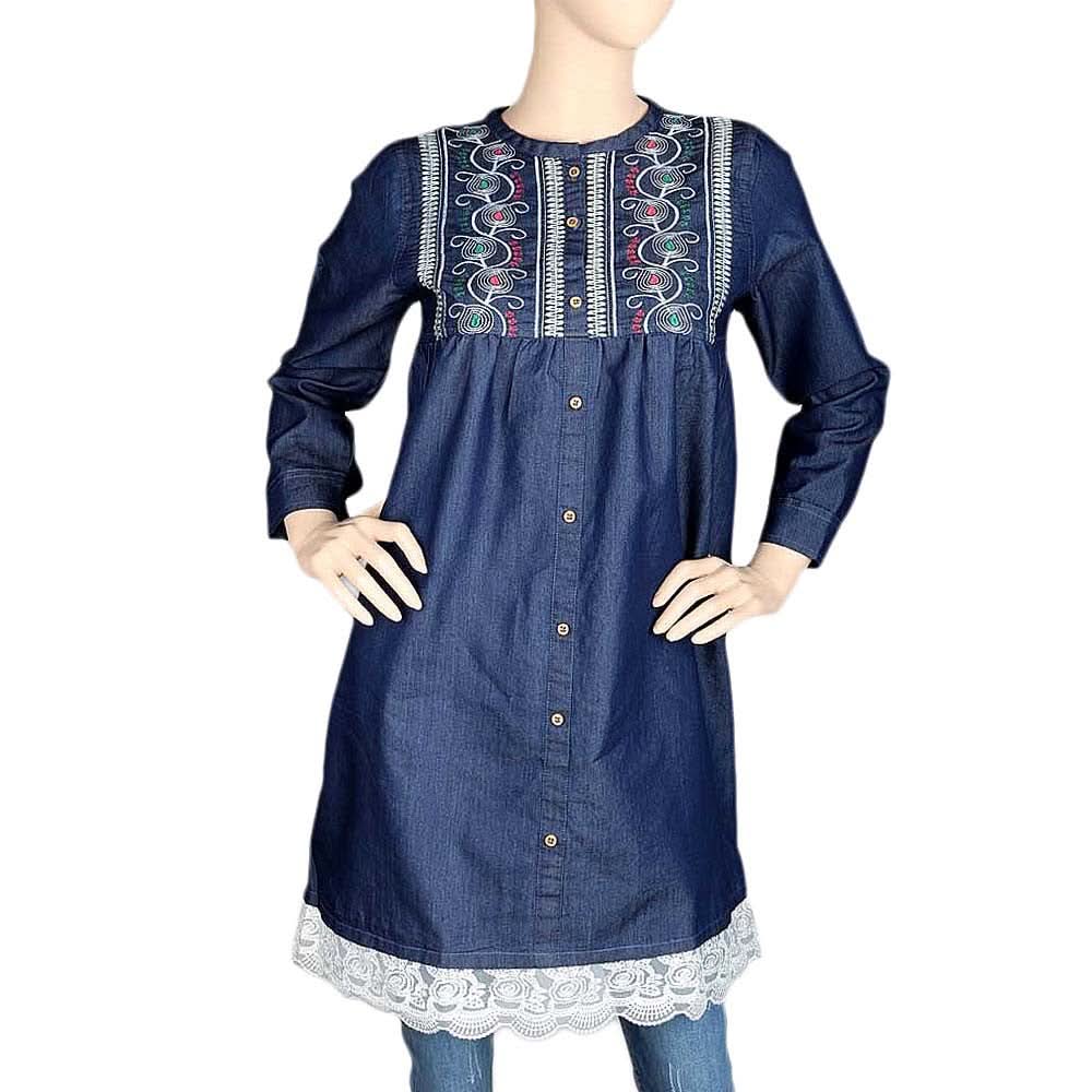 Women's Embroidered Denim Kurti - Blue - test-store-for-chase-value