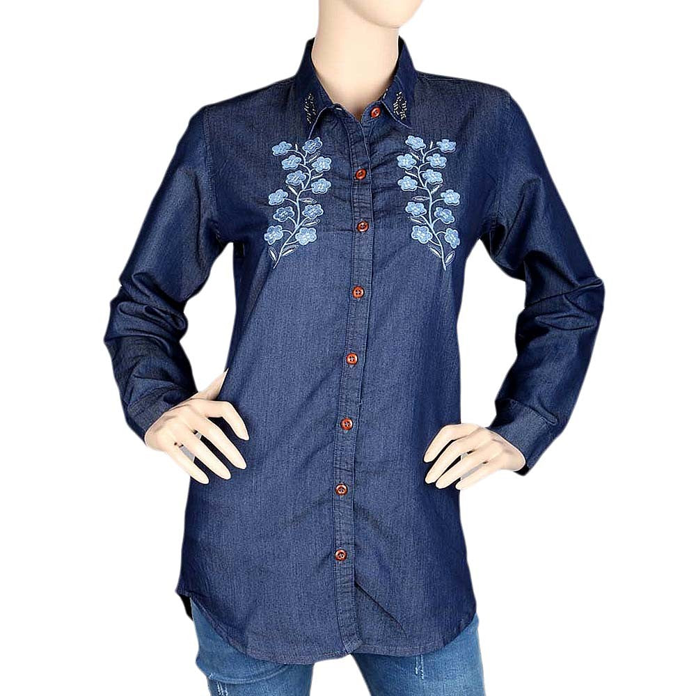 Women's Embroidered Denim Shirt - Blue - test-store-for-chase-value