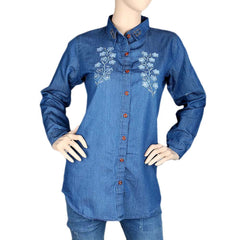 Women's Embroidered Denim Shirt - Light Blue - test-store-for-chase-value
