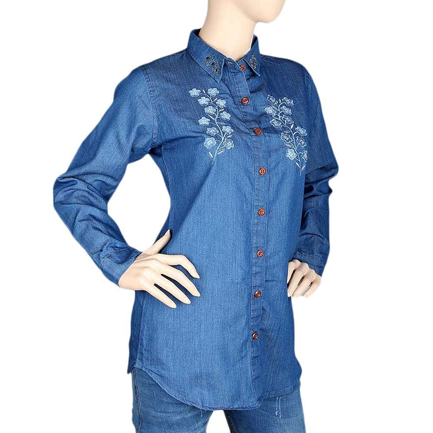 Women's Embroidered Denim Shirt - Light Blue - test-store-for-chase-value