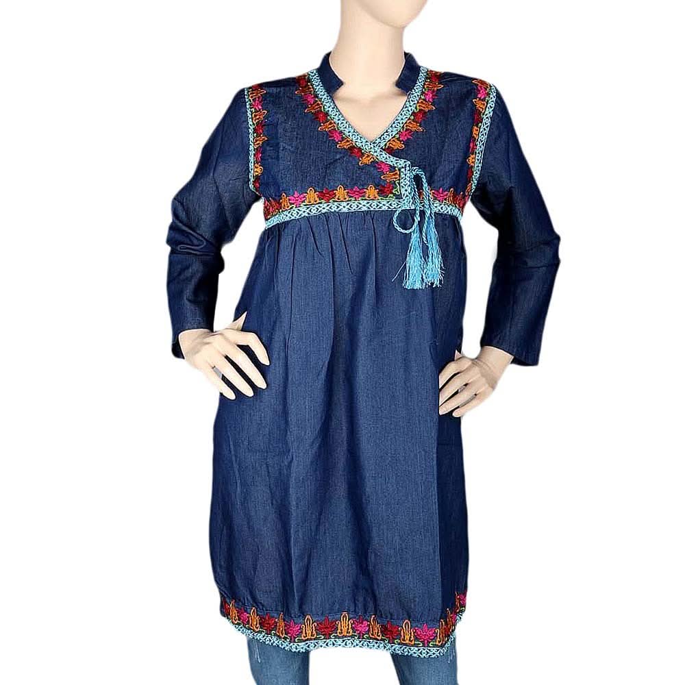 Women's Embroidered Denim Kurti - Blue - test-store-for-chase-value