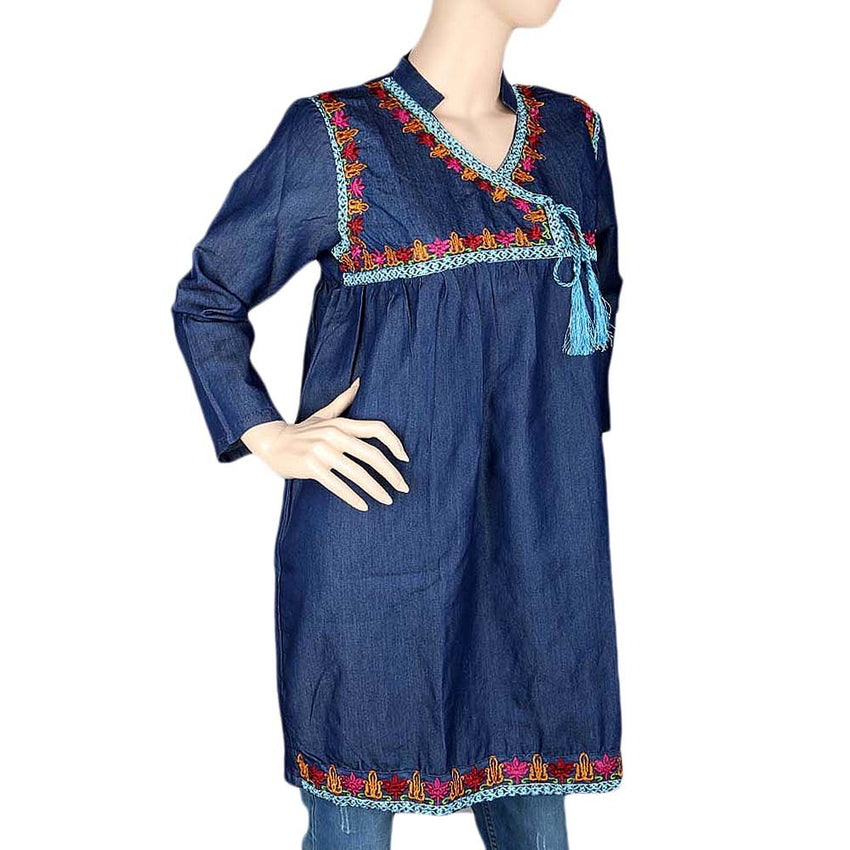 Women's Embroidered Denim Kurti - Blue - test-store-for-chase-value