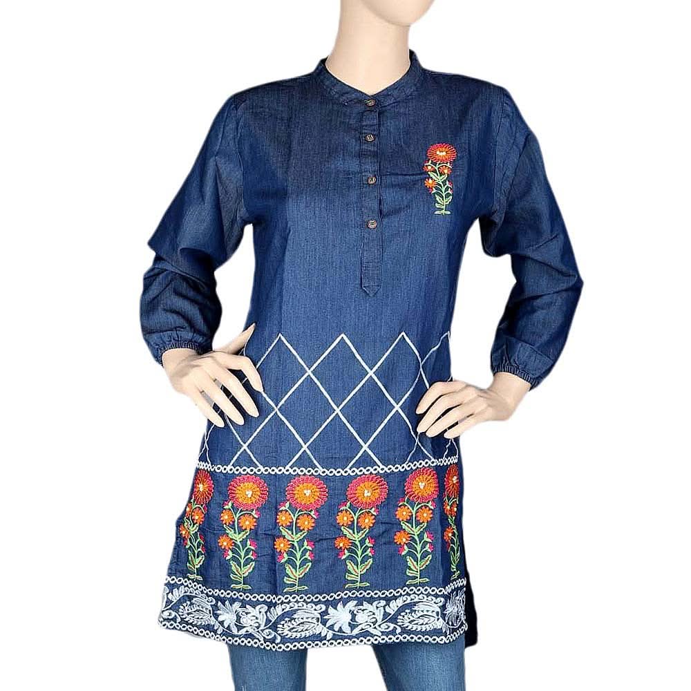 Women's Embroidered Denim Kurti - Light Blue - test-store-for-chase-value