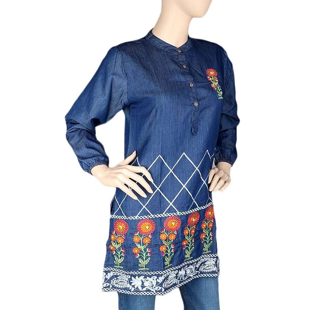 Women's Embroidered Denim Kurti - Light Blue - test-store-for-chase-value