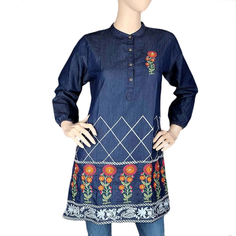 Women's Embroidered Denim Kurti - Blue - test-store-for-chase-value