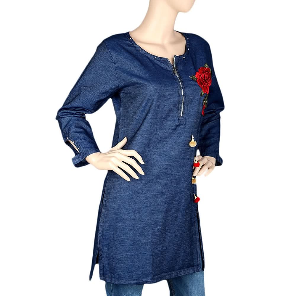 Women's Embroidered Kurti - Dark Blue - test-store-for-chase-value
