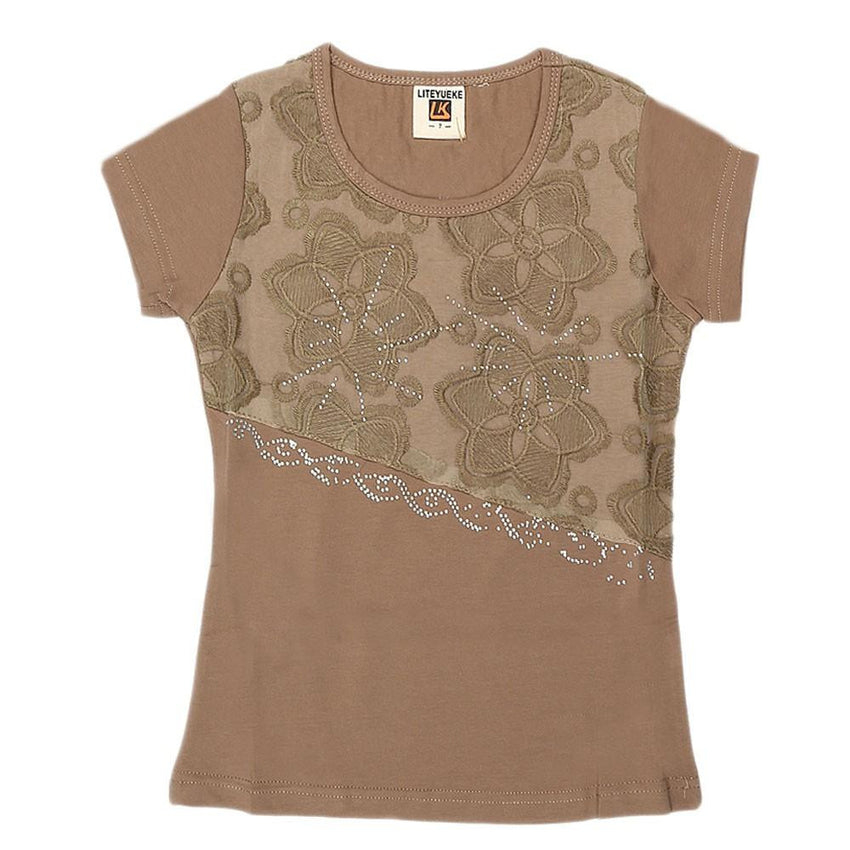 Girls Embroidered Half Sleeve T-Shirt - Brown - test-store-for-chase-value