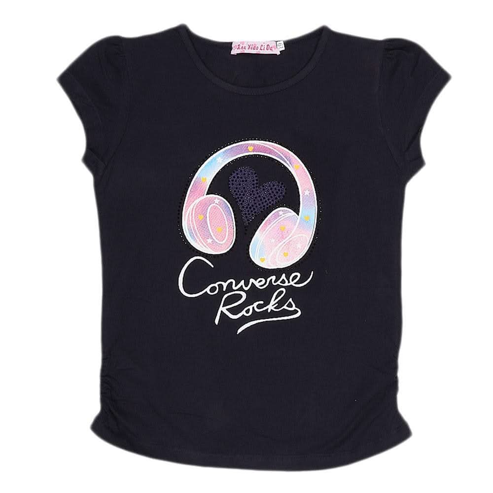 Girls Half Sleeve Printed T-Shirt - Black - test-store-for-chase-value