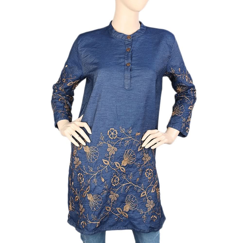 Women's Embroidered Denim Kurti - Dark Blue - test-store-for-chase-value