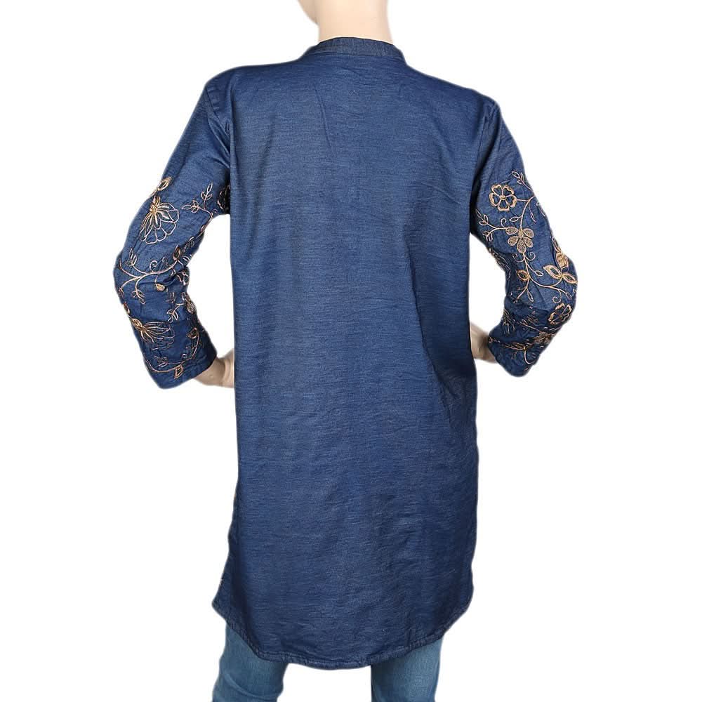 Women's Embroidered Denim Kurti - Dark Blue - test-store-for-chase-value