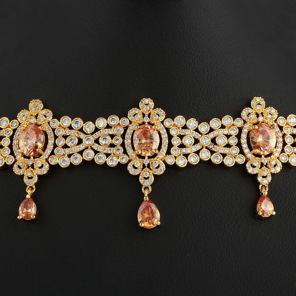 American Diamond Jewellery Set - Peach & Golden - test-store-for-chase-value