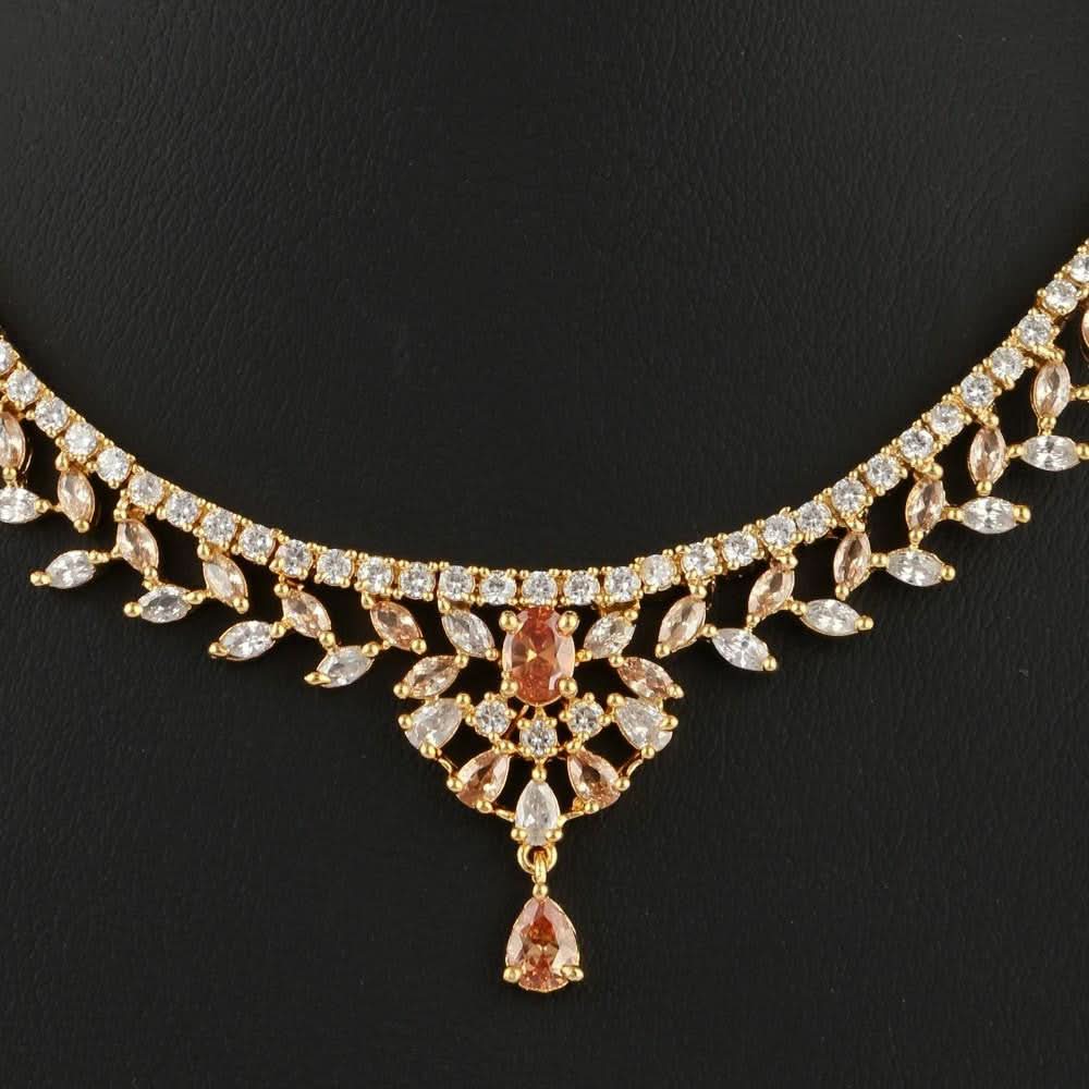 American Diamond Jewellery Set - Peach & Golden - test-store-for-chase-value
