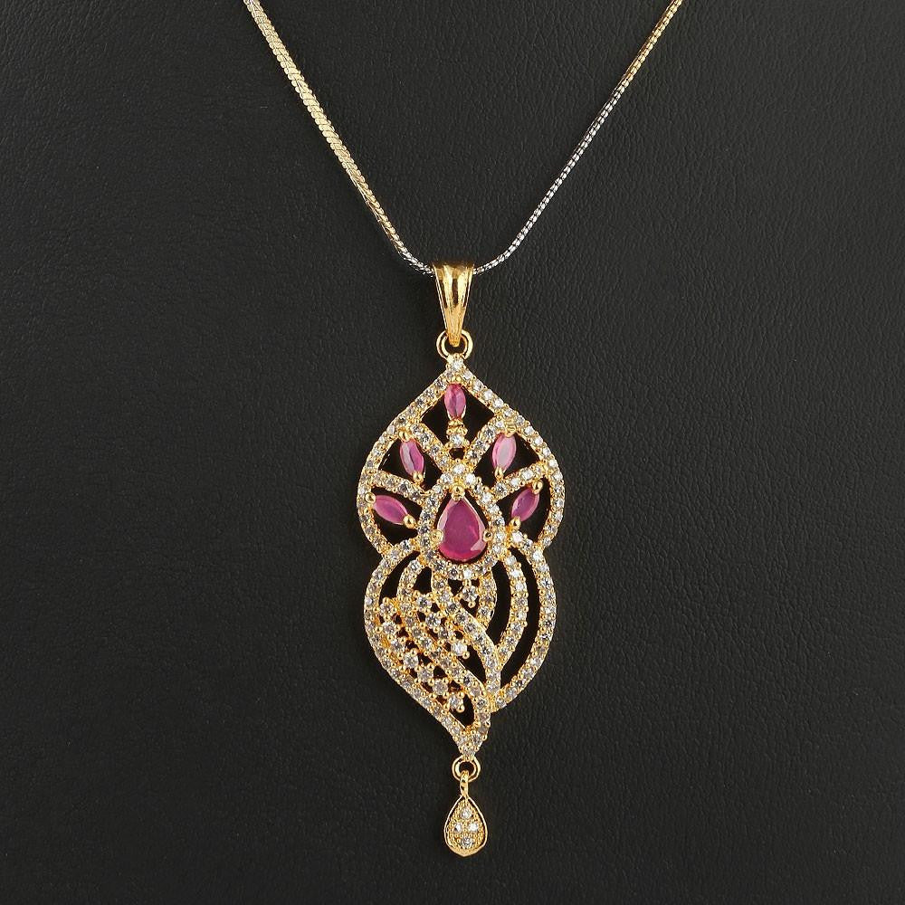 American Diamond Locket Set - Red & Golden - test-store-for-chase-value