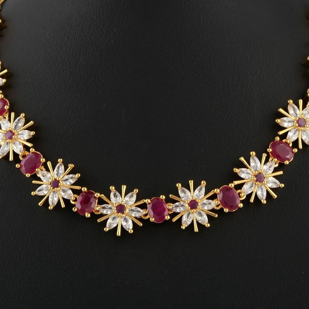American Diamond Jewellery Set - Golden & Red - test-store-for-chase-value