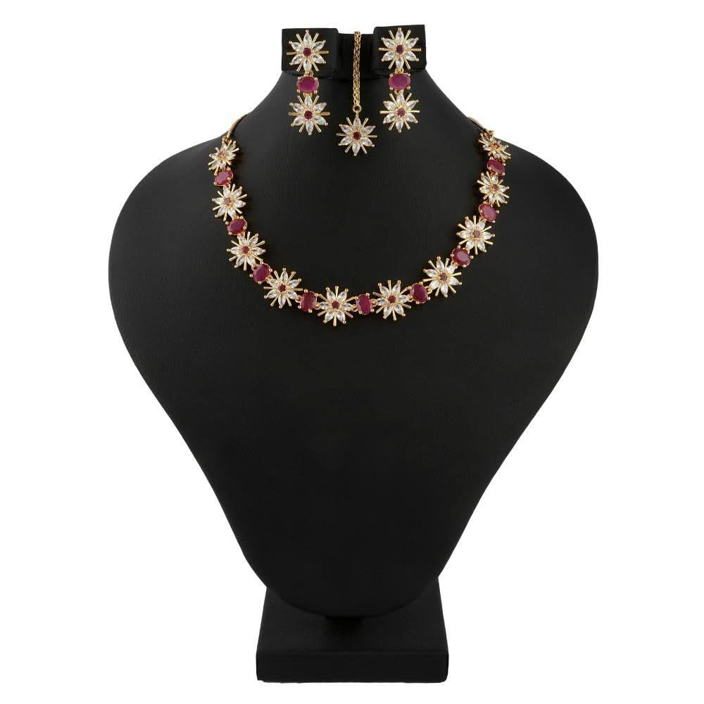 American Diamond Jewellery Set - Golden & Red - test-store-for-chase-value