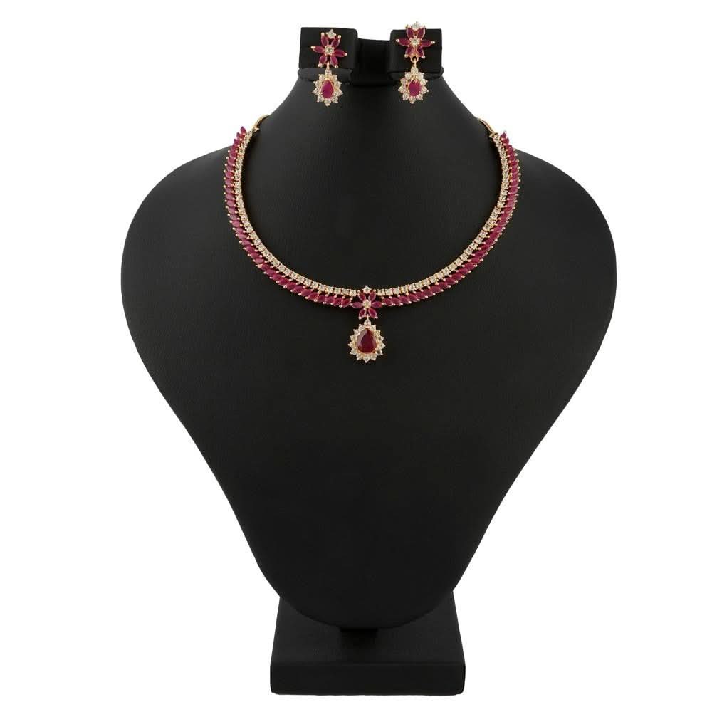 American Diamond Jewellery Set - Red & Golden - test-store-for-chase-value