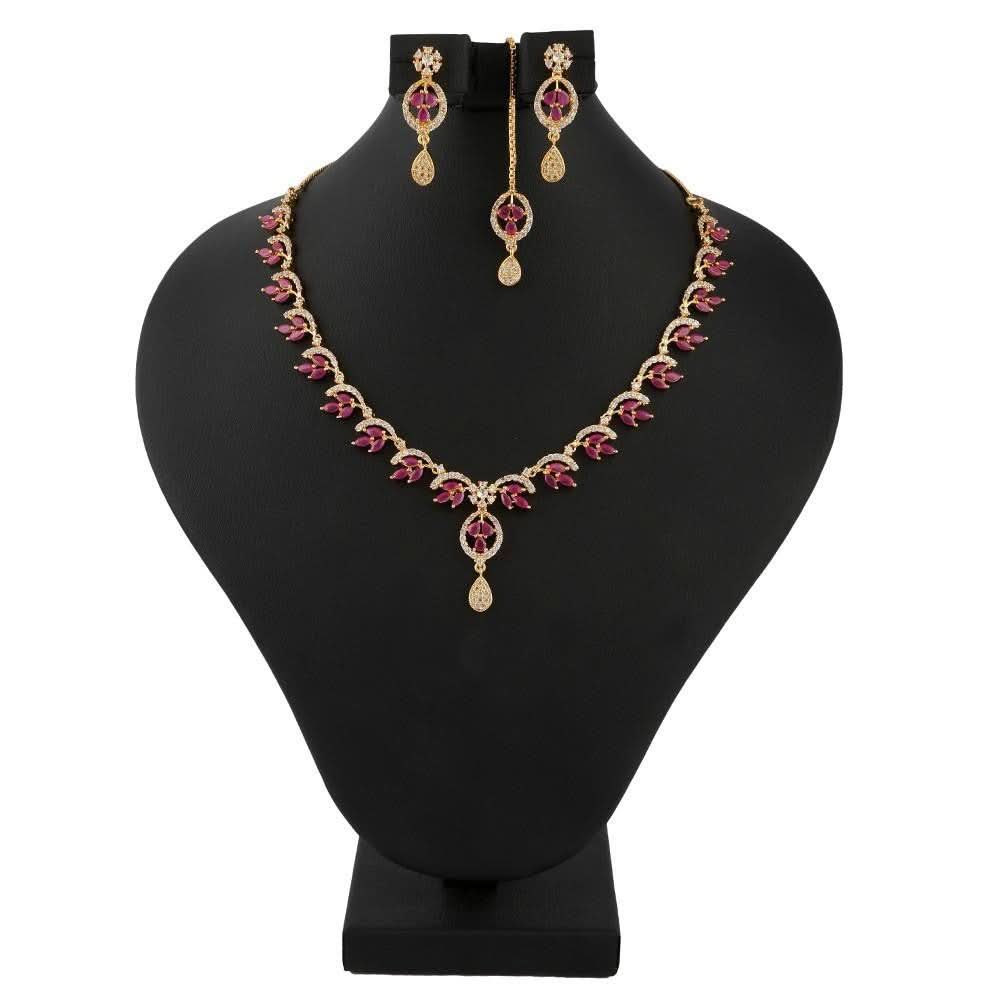 American Diamond Jewellery Set - Red & Golden - test-store-for-chase-value
