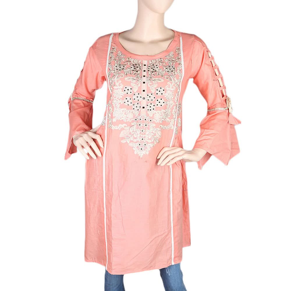 Women's Embroidered Short Kurti - Peach - test-store-for-chase-value