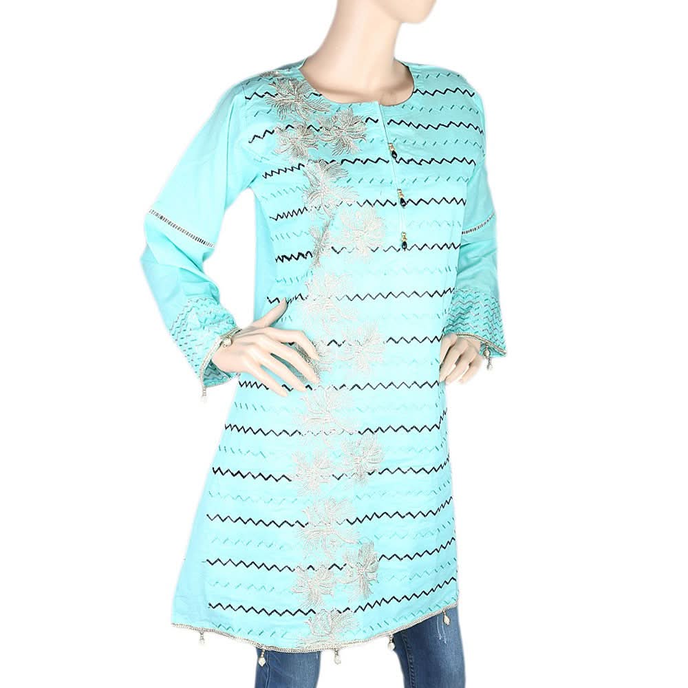 Women's Embroidered Short Kurti - Cyan - test-store-for-chase-value