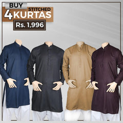 Men's Plain Stitched Kurta Pack Of 4 - Multi - test-store-for-chase-value
